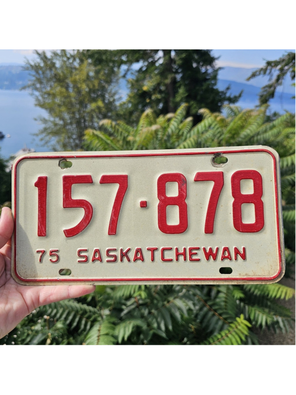 1975 Saskatchewan License Plate 157-878 Vintage Canadian Red White Metal